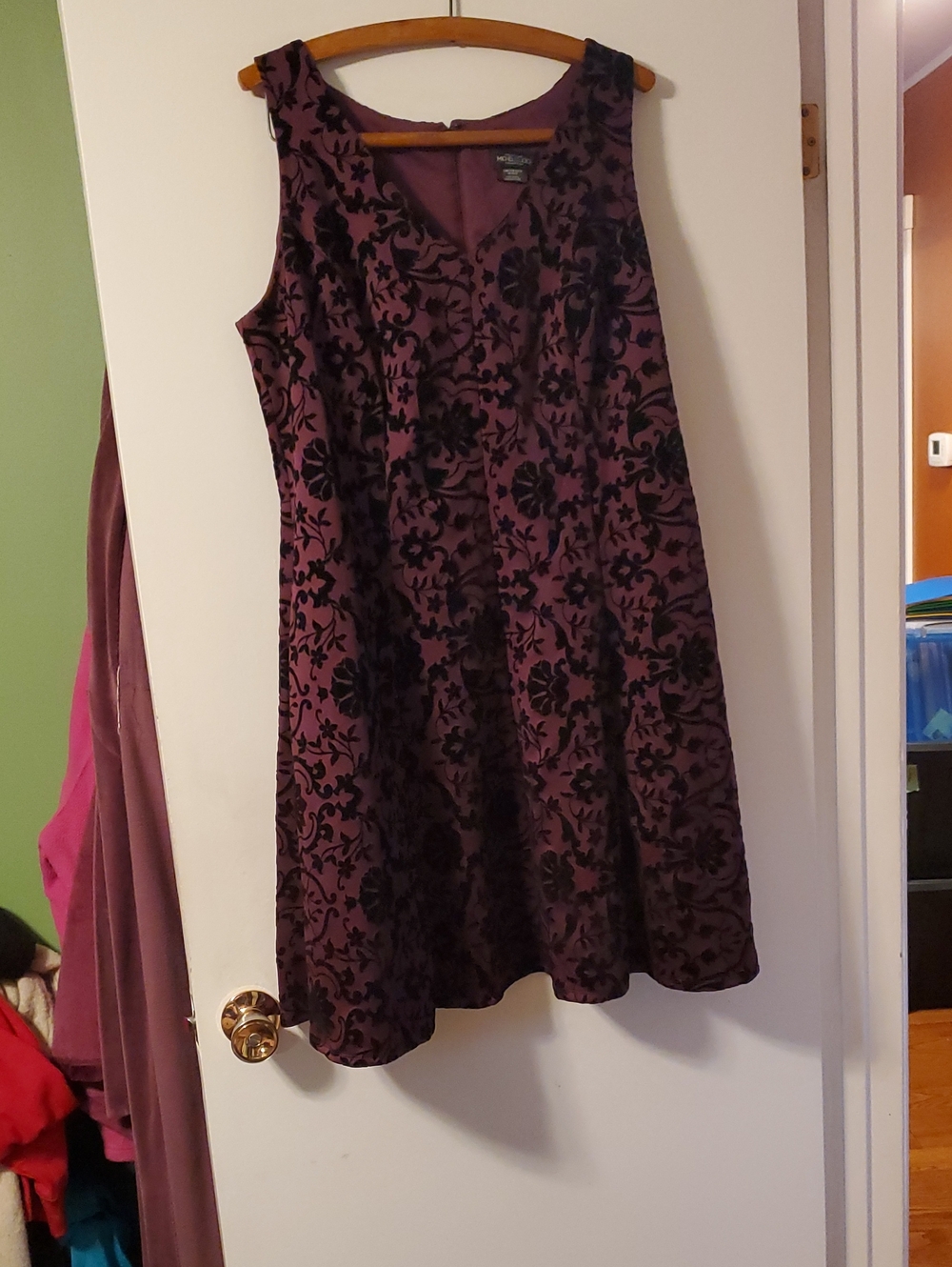 Michel Studio size 18 Elegant Purple with Black Velvet Flock  A-Line Dress
